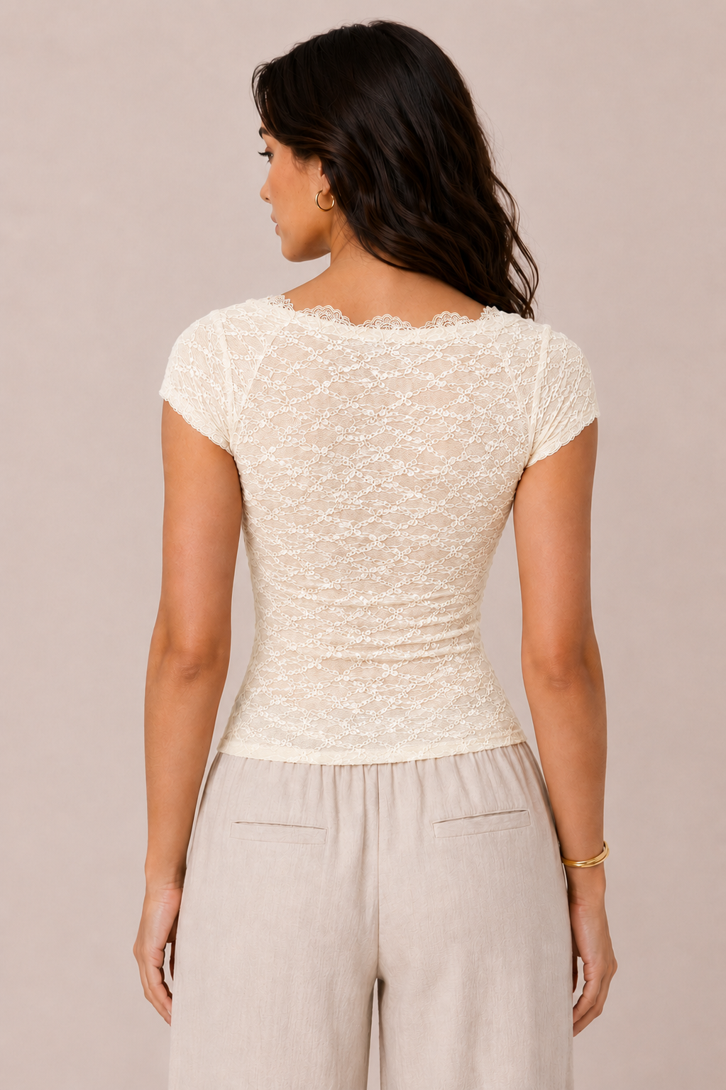 Scoop Neck Lace Trimmed Henley Top