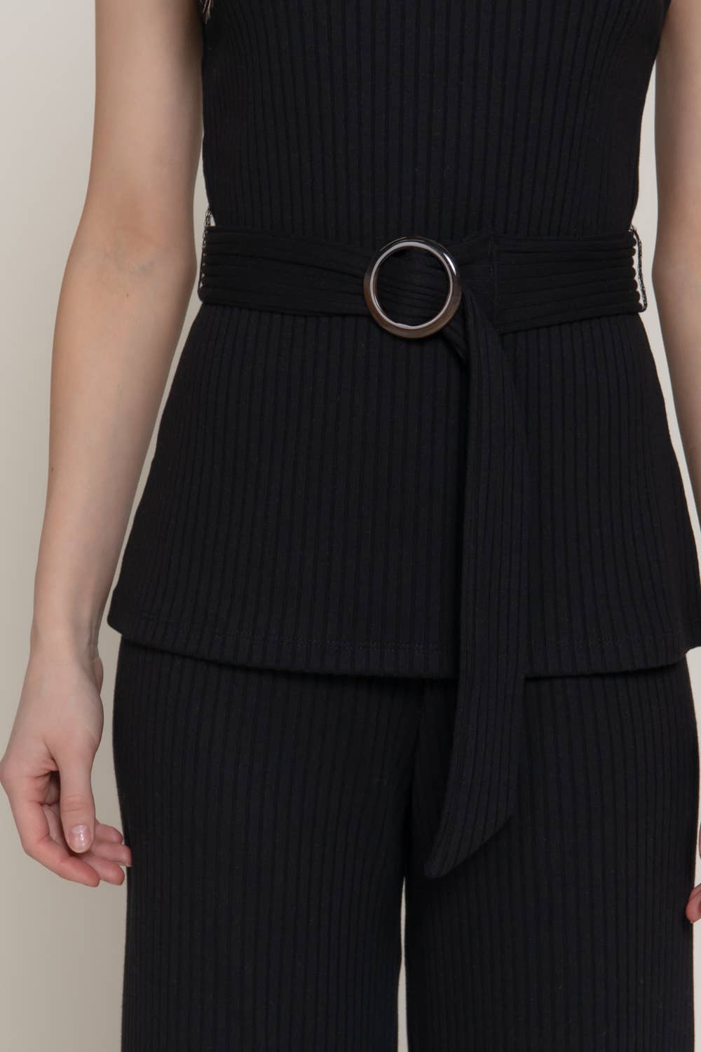 Sleeveless Mock Neck with Waist Belt Rib Knit Top