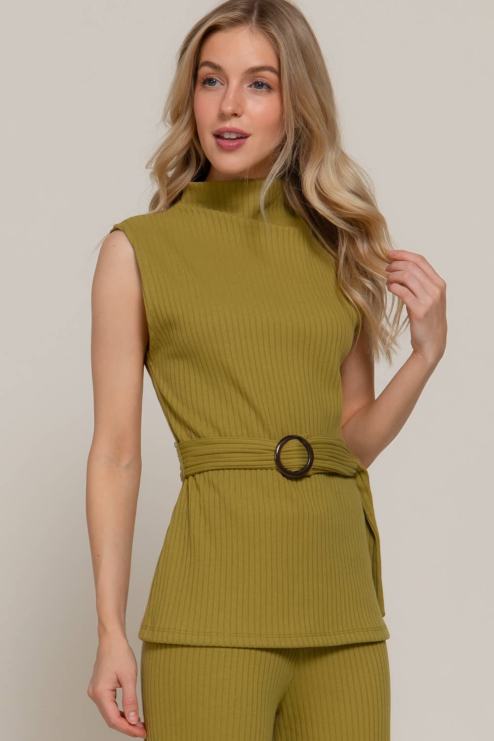 Sleeveless Mock Neck with Waist Belt Rib Knit Top