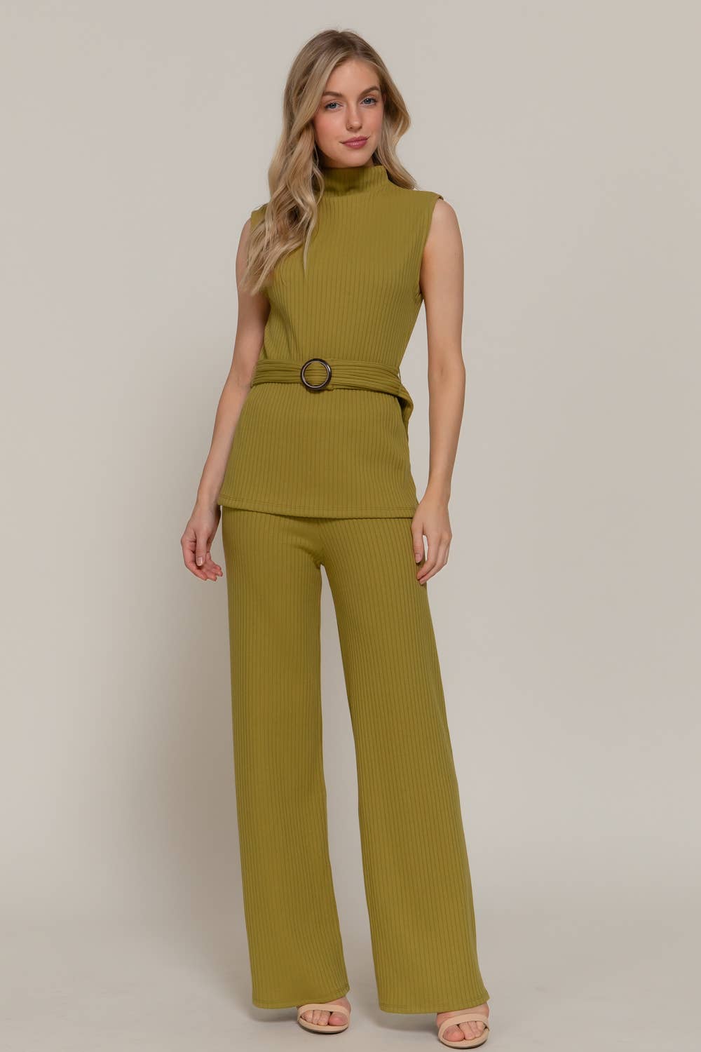 Sleeveless Mock Neck with Waist Belt Rib Knit Top