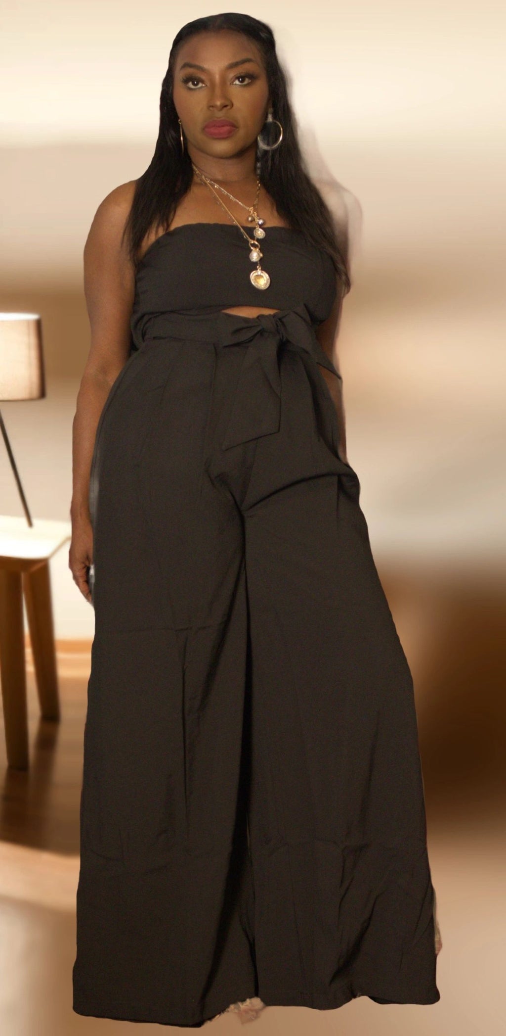 Classy and Sassy Black Front-Tie Wide Leg Jumpsuit