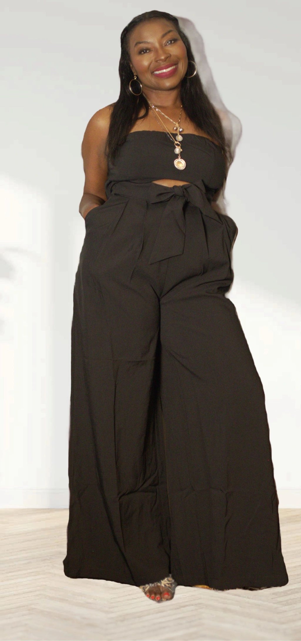 Classy and Sassy Black Front-Tie Wide Leg Jumpsuit