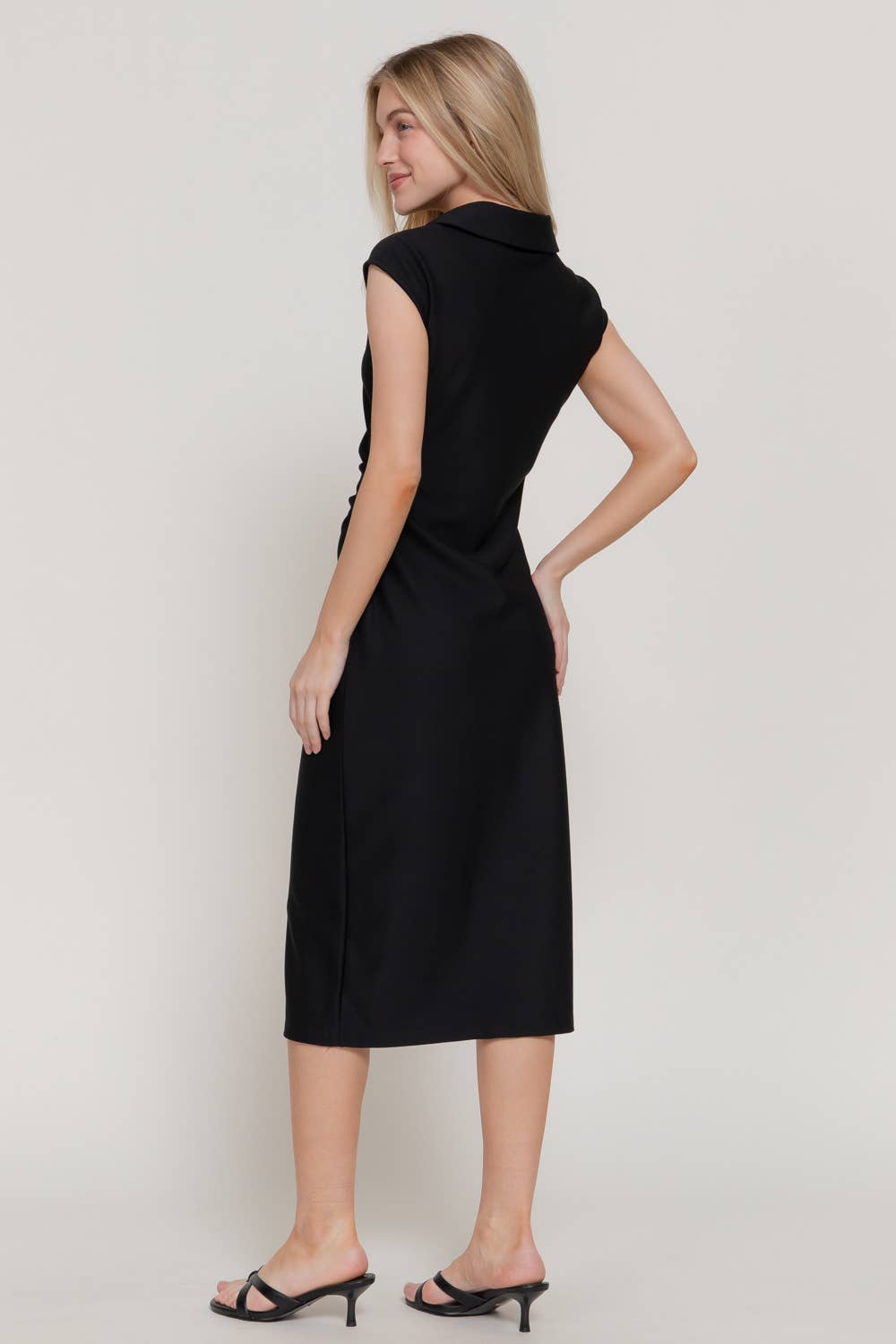 Short Cap Sleeve V-Neck Side Draped Detail Shirt Midi Dress