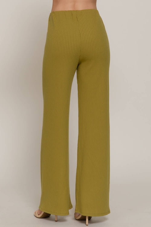 Sleeveless Mock Neck with Waist Belt Rib Knit Top and Wide Rib Knit Pants Set