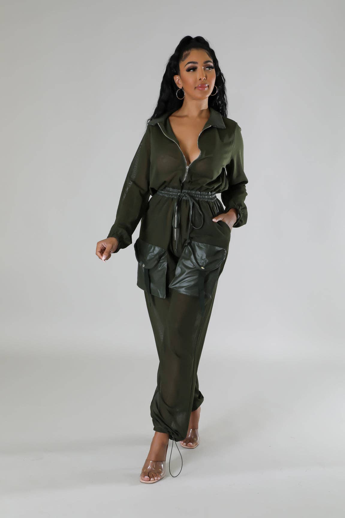 Elastic Waist Mesh Contrast Jumpsuit