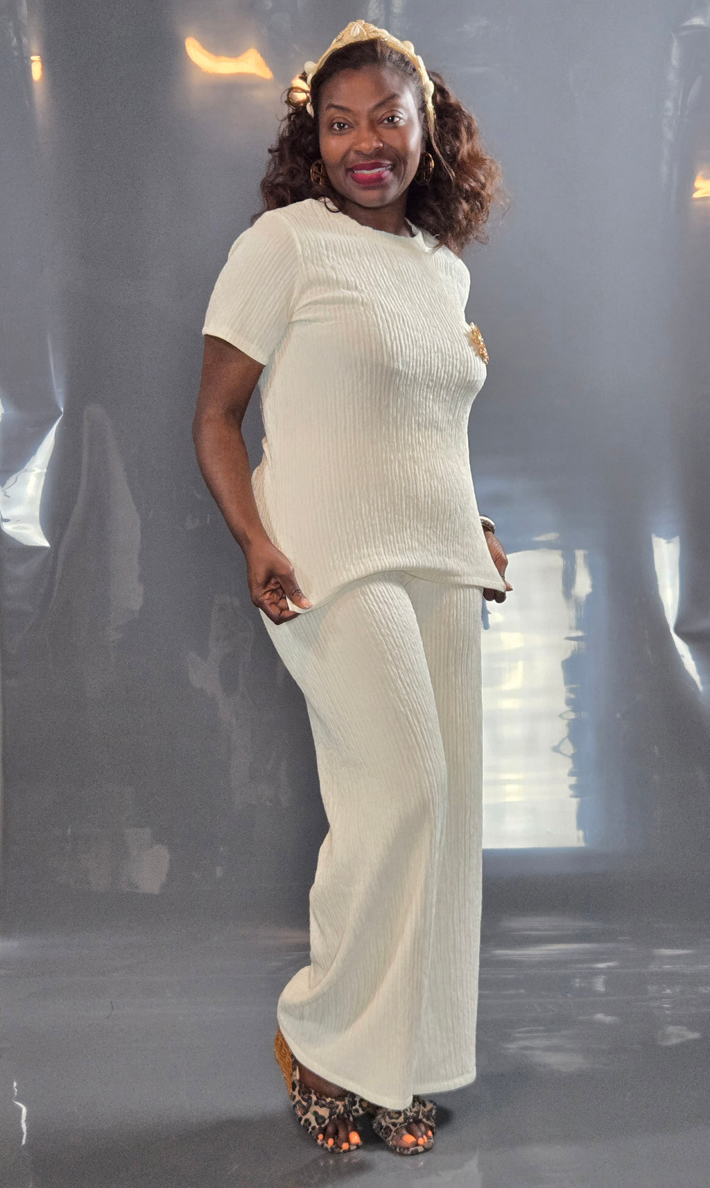 Short Sleeve Top & Wide Knit Pants Set