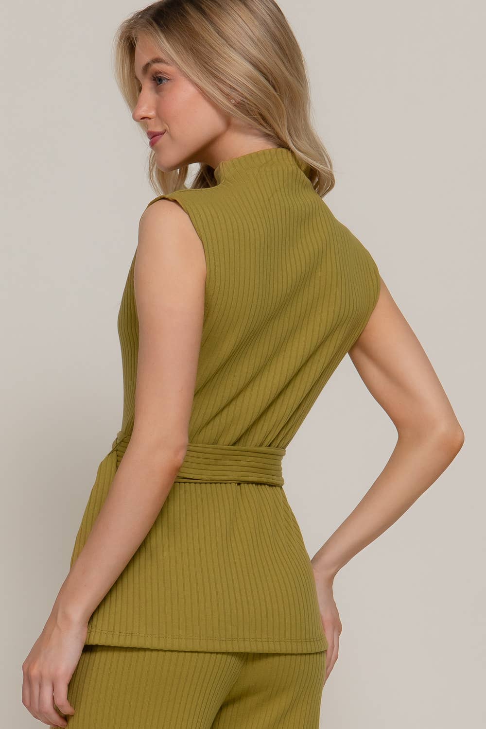 Sleeveless Mock Neck with Waist Belt Rib Knit Top