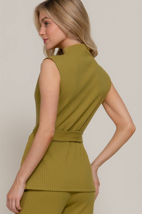Sleeveless Mock Neck with Waist Belt Rib Knit Top