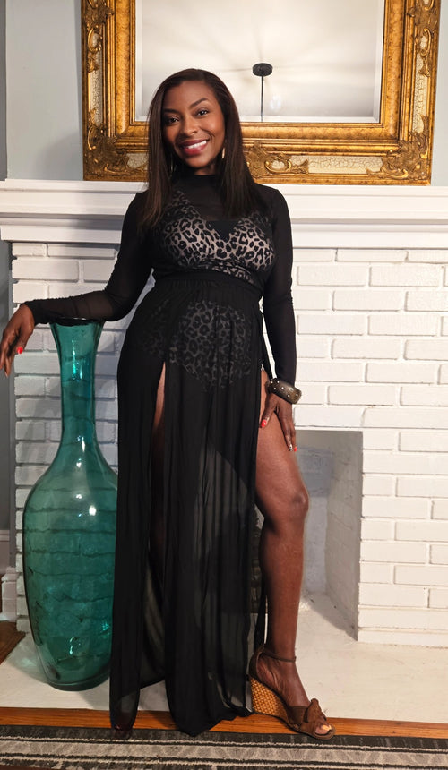 High Split Mesh Sheer Maxi Skirt and Long Sleeve Cover-Up Set