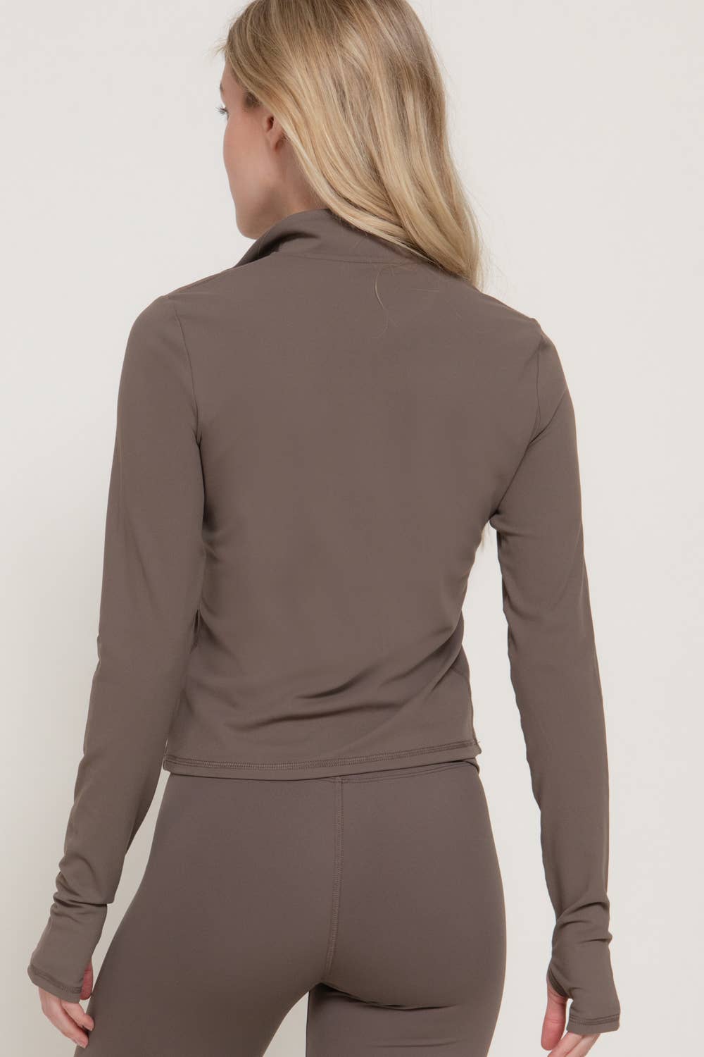 Long Sleeve Thumbhole Detail Zippered Mock Neck Workout Top