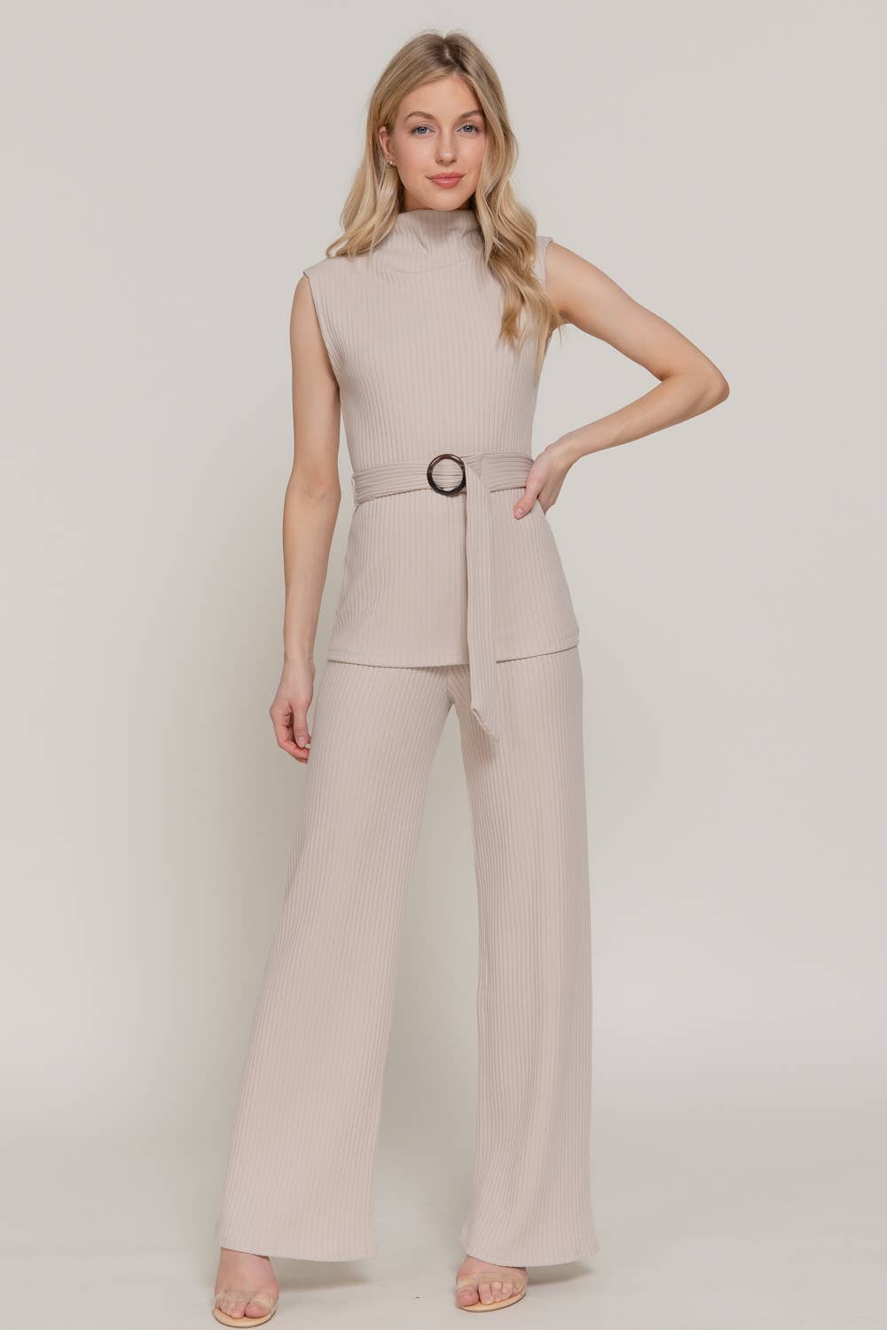 Sleeveless Mock Neck with Waist Belt Rib Knit Top