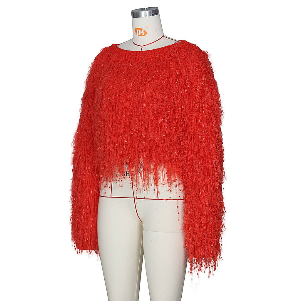 Stylish Hand-Knitted Pullover Sweater with Fringe