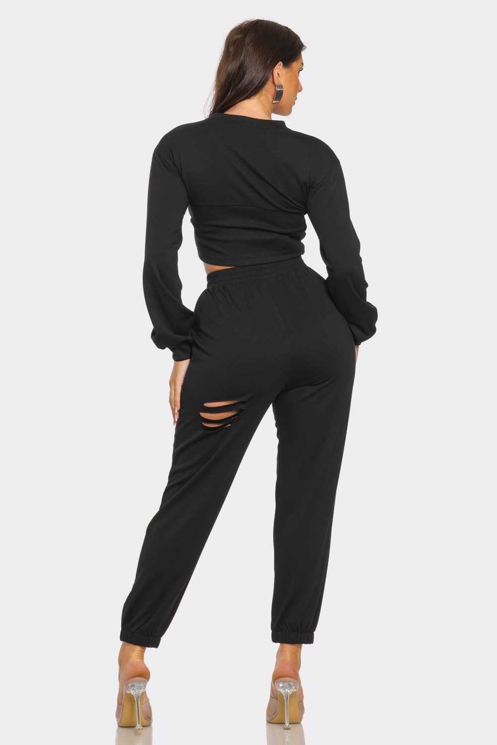 Round Neck Solid Top And Laser Cut Pants Set