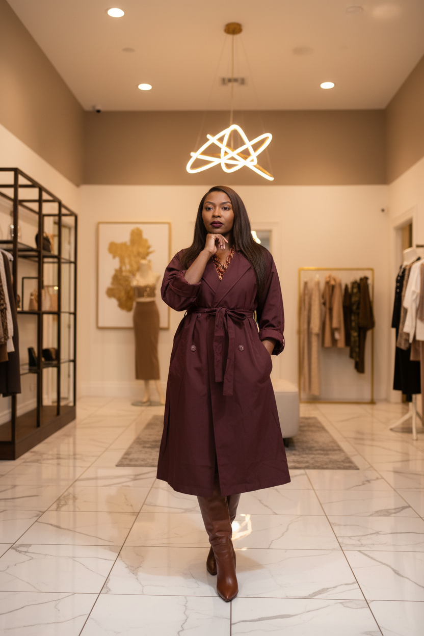Curvy Long Sleeve V-Neck Lapel Collar Trench Coat with