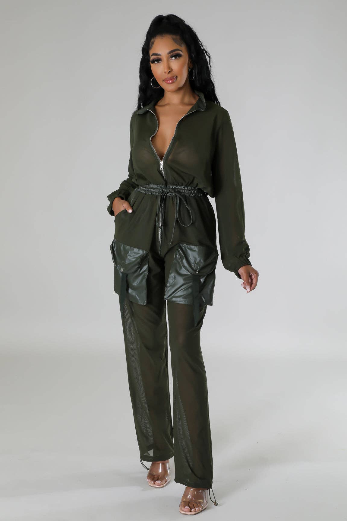 Elastic Waist Mesh Contrast Jumpsuit