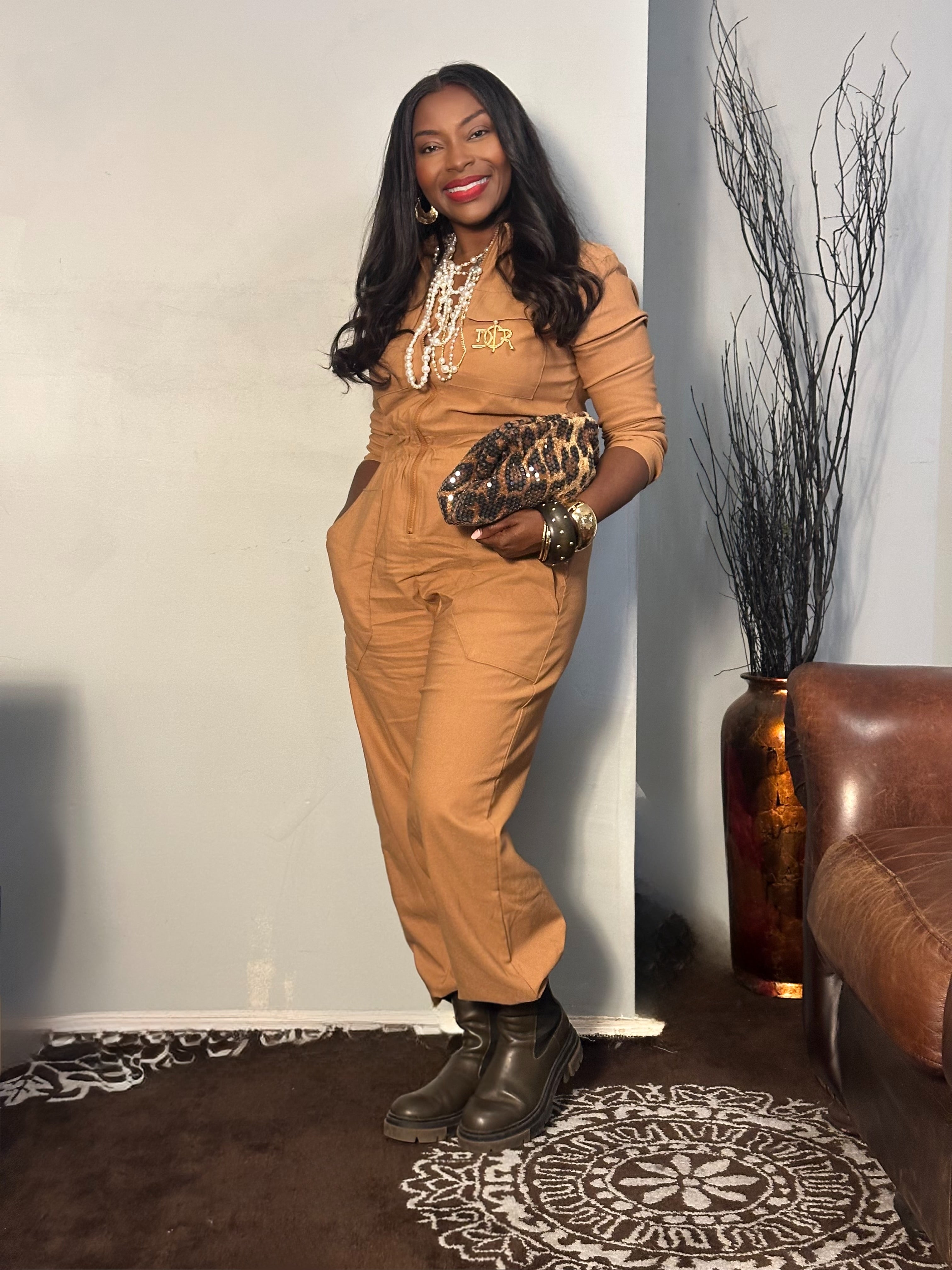 Front Zipper Detail Elastic Waistband Jumpsuit