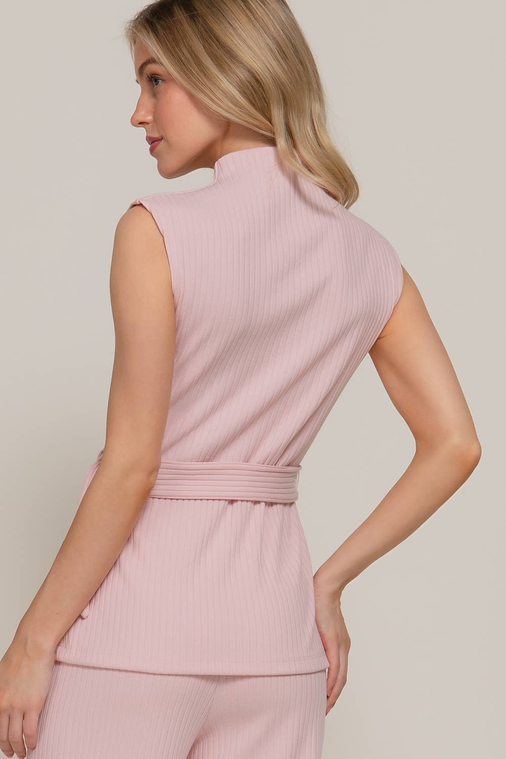 Sleeveless Mock Neck with Waist Belt Rib Knit Top