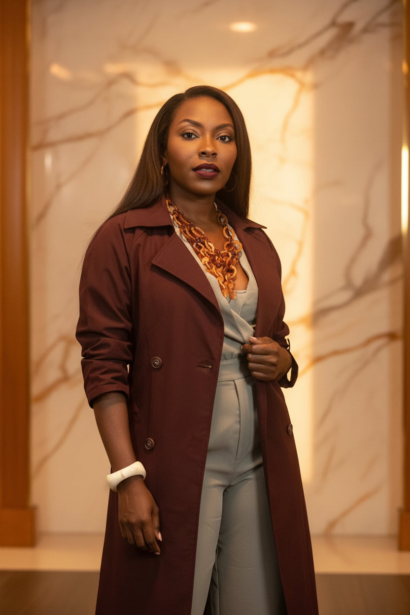 Curvy Long Sleeve V-Neck Lapel Collar Trench Coat with