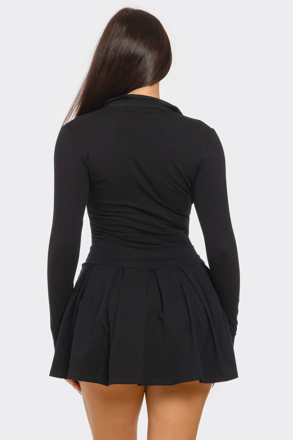 Black Front Button Down Pleated Mini Romper Dress