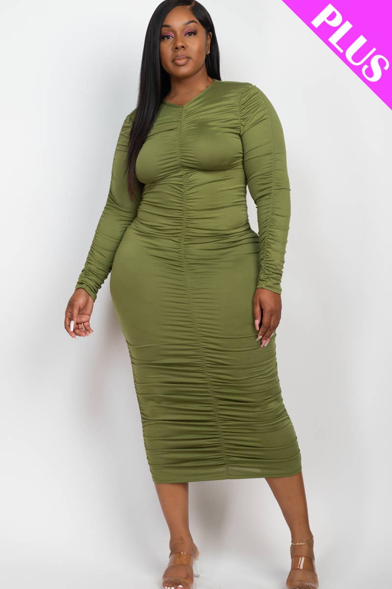 Curvy Ruched Long Sleeve Midi Dress