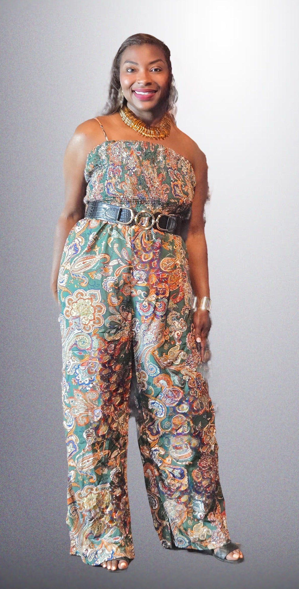 Curvy Pleated Paisley Sleeveless Jumpsuit