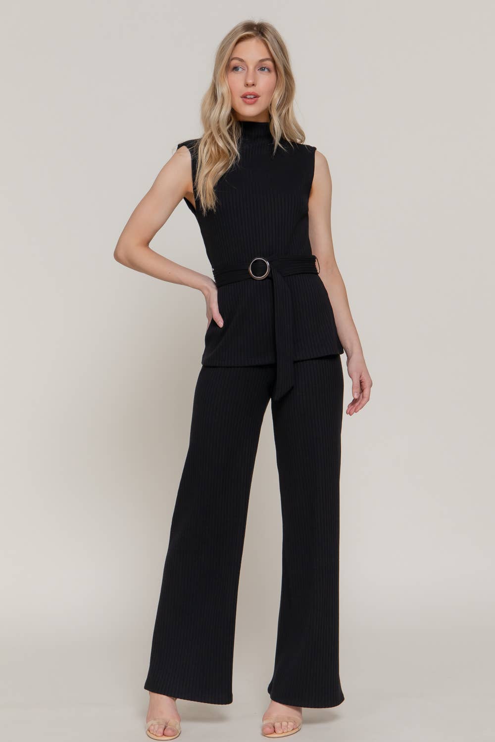 Sleeveless Mock Neck with Waist Belt Rib Knit Top