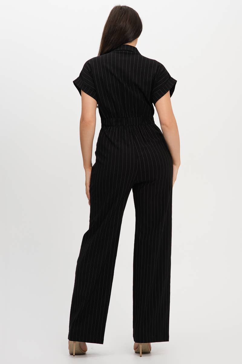 Plus Size Stripe Front Button Down Jumpsuits