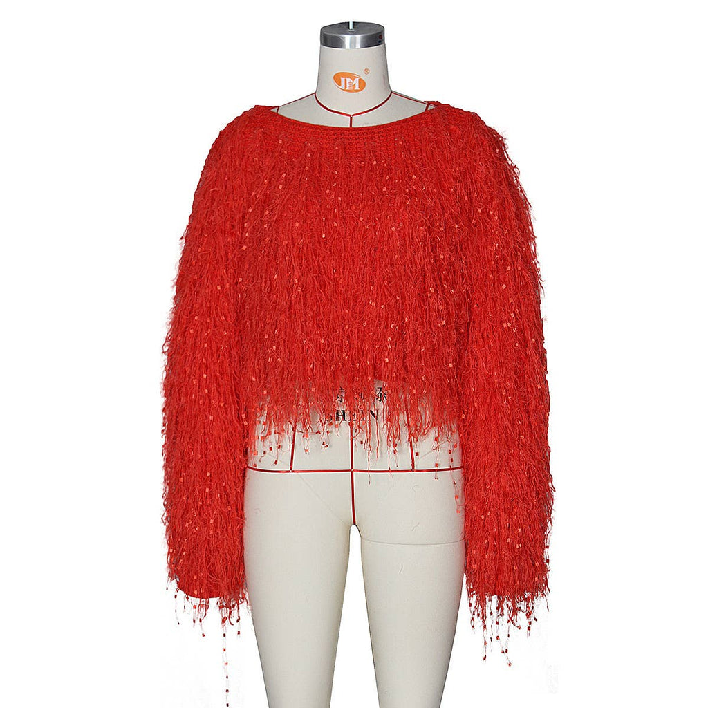 Stylish Hand-Knitted Pullover Sweater with Fringe