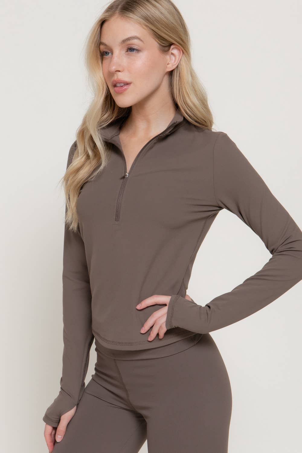 Long Sleeve Thumbhole Detail Zippered Mock Neck Workout Top