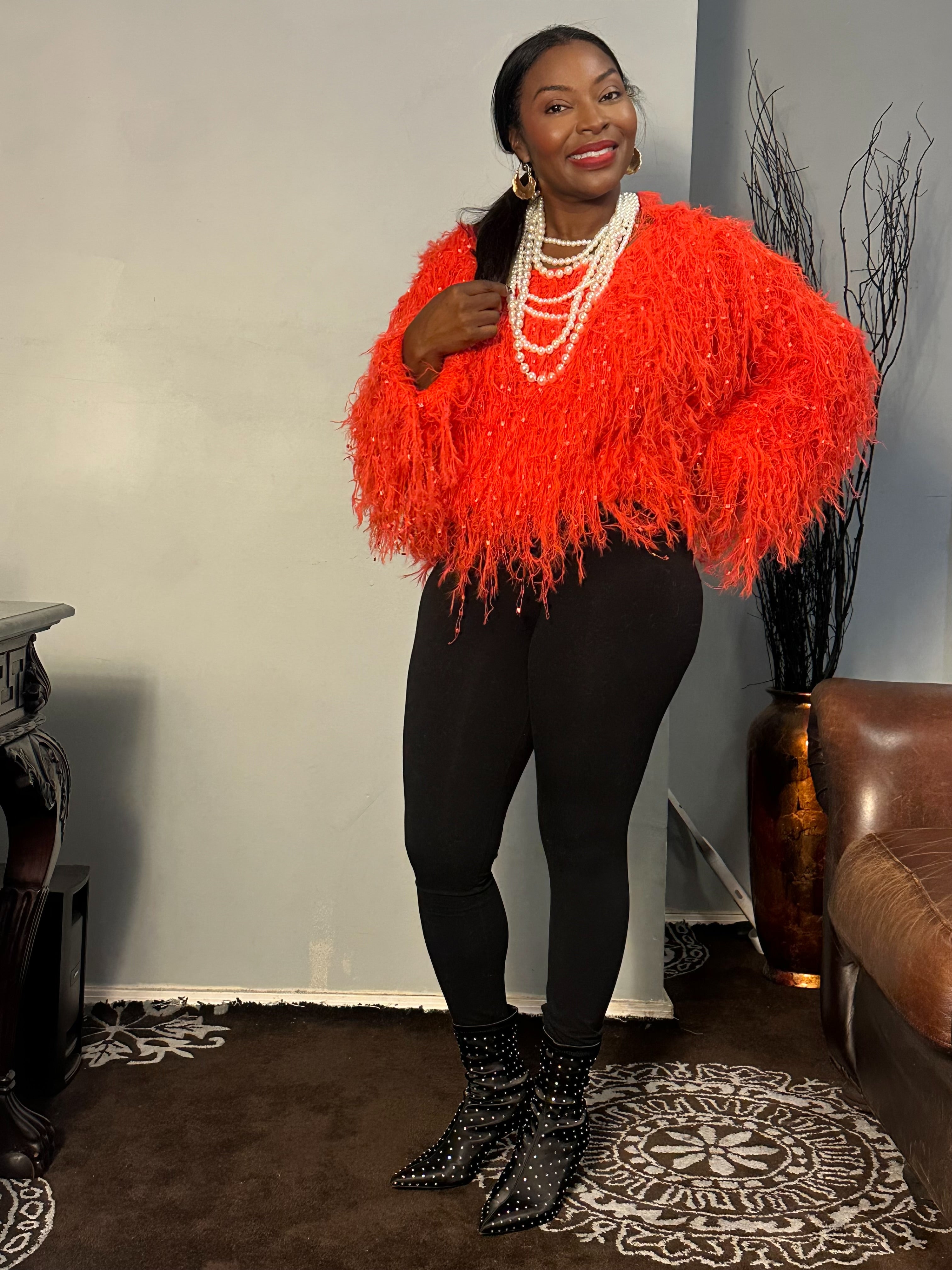 Stylish Hand-Knitted Pullover Sweater with Fringe