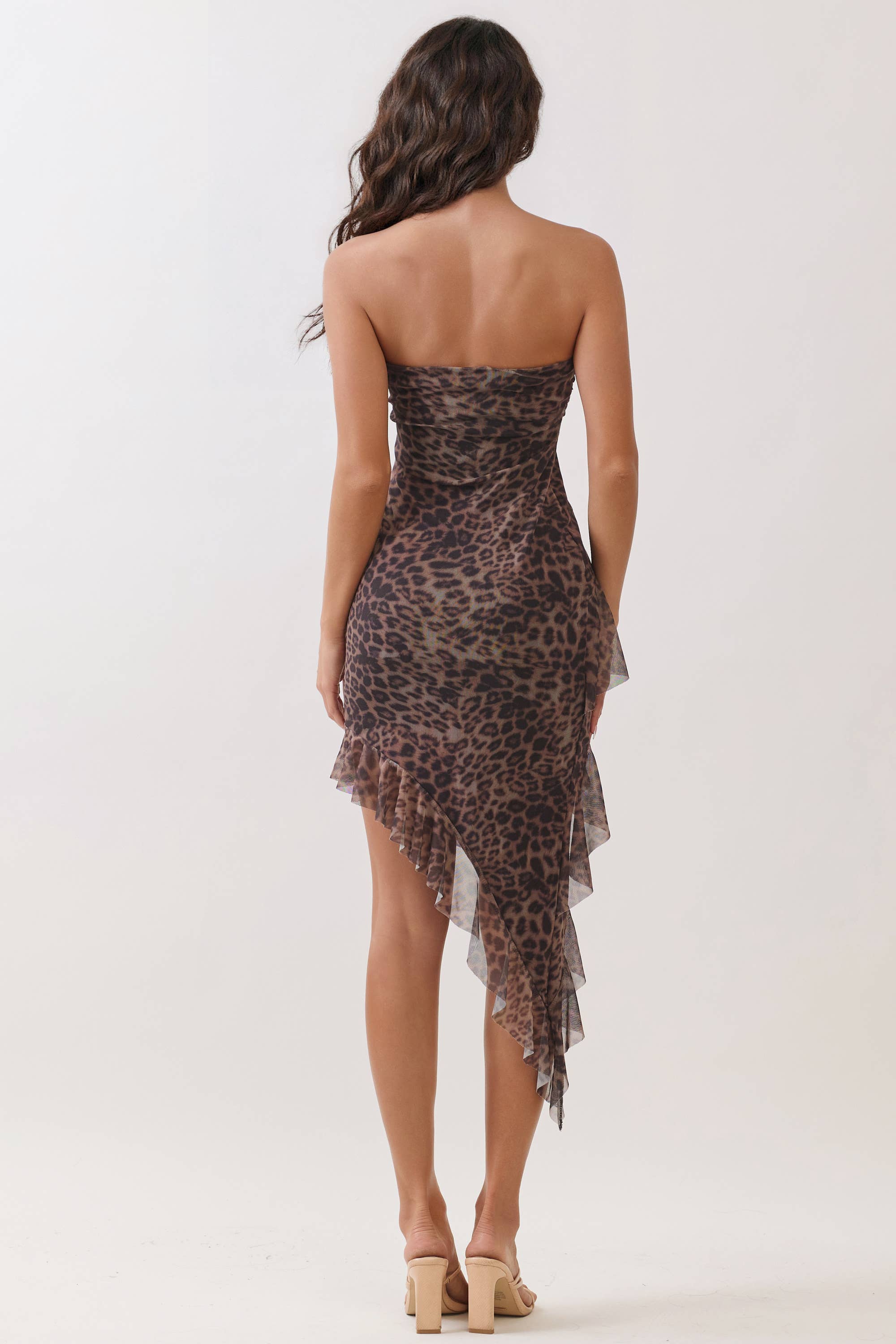 Leopard Printed Mesh Asymetrical Ruffle Sasla Dress