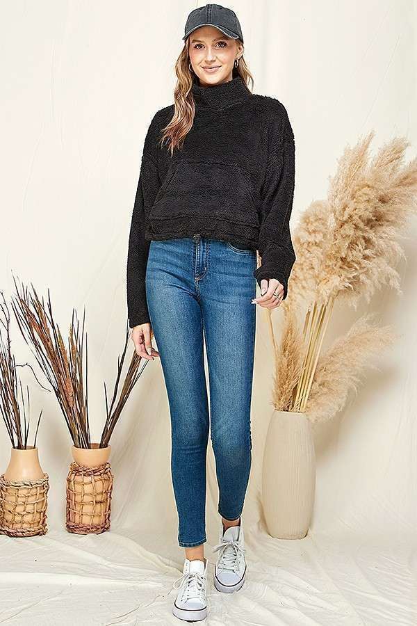 Mock Neck Sherpa Kangaroo Pocket Top