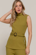 Sleeveless Mock Neck with Waist Belt Rib Knit Top