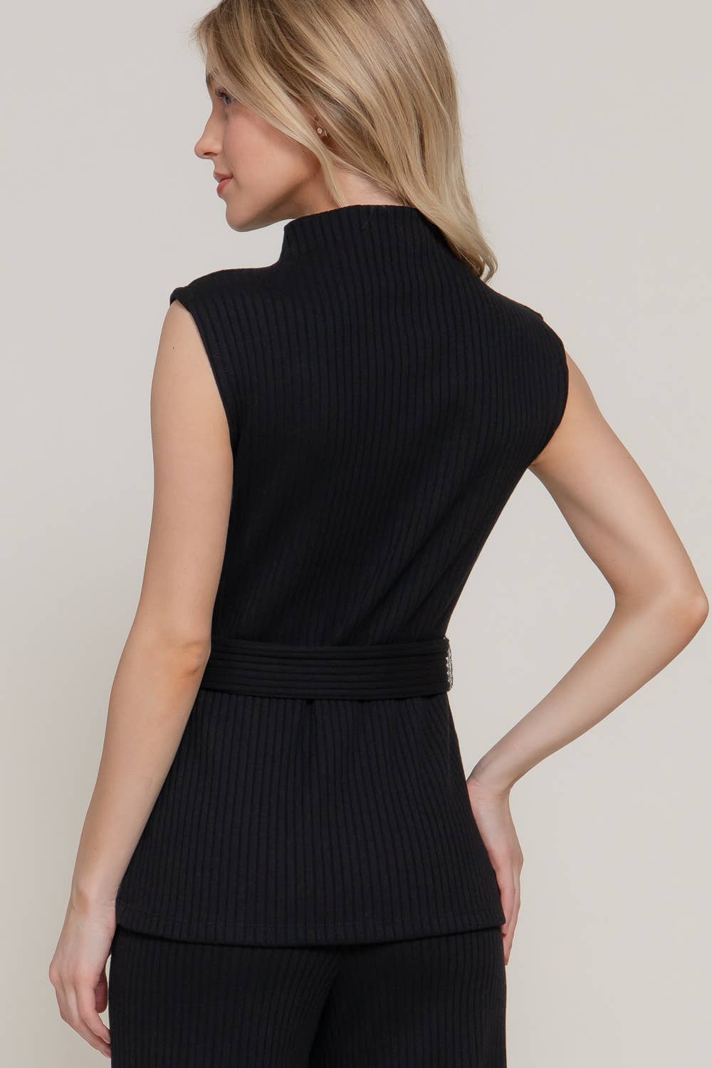Sleeveless Mock Neck with Waist Belt Rib Knit Top