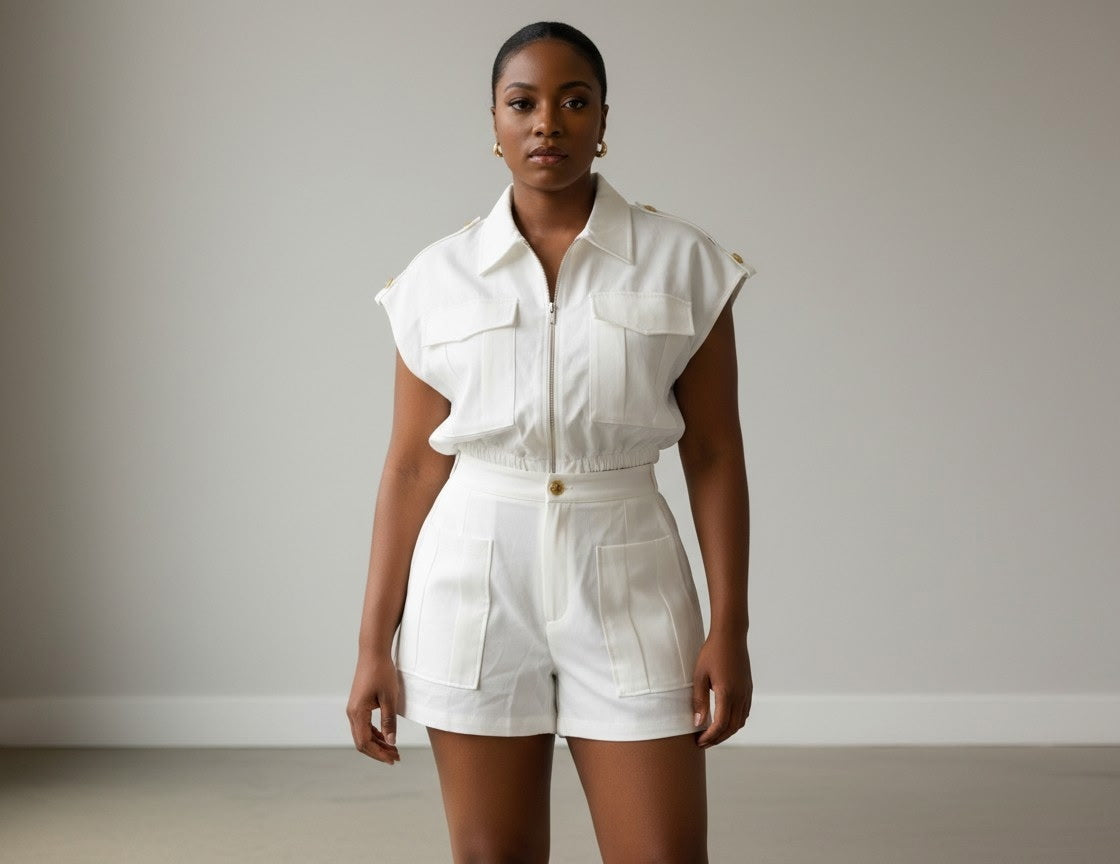 Front Zip Up Side Pockets Top And Shorts Set
