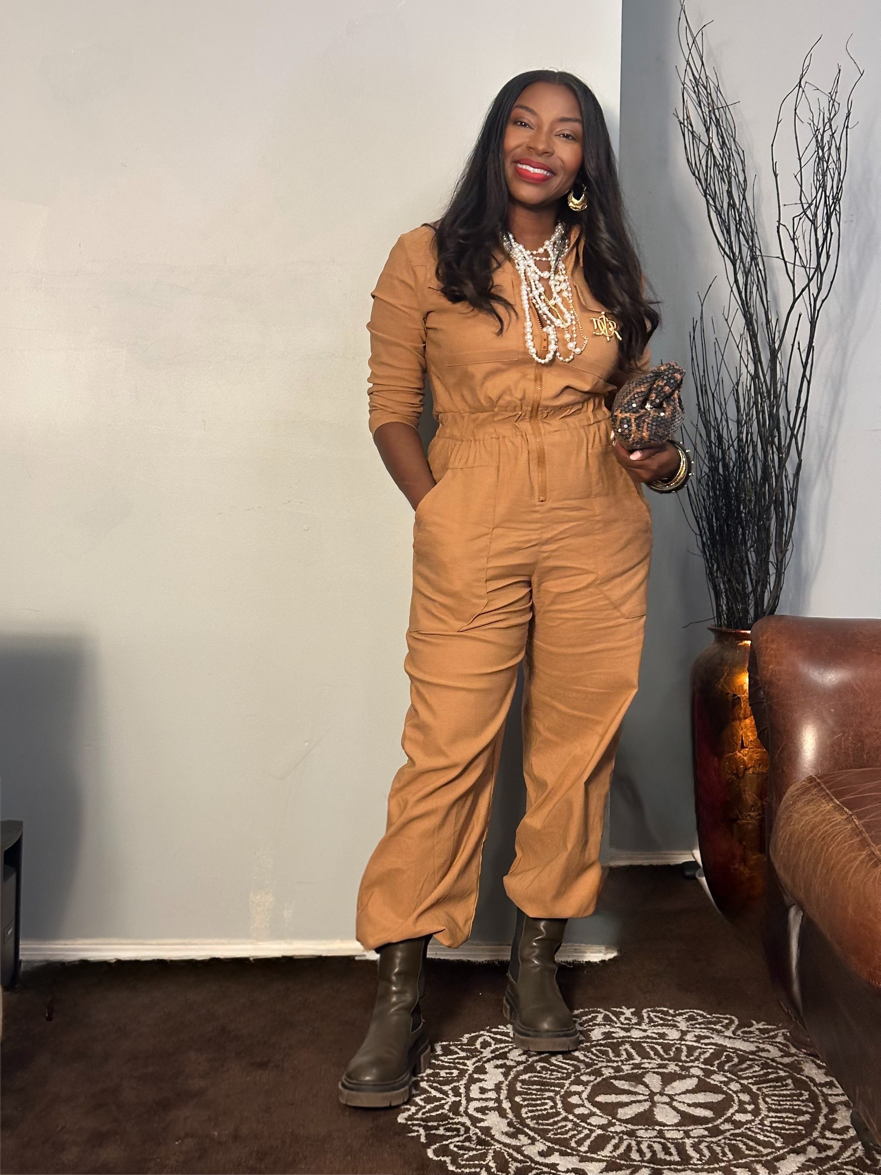 Front Zipper Detail Elastic Waistband Jumpsuit