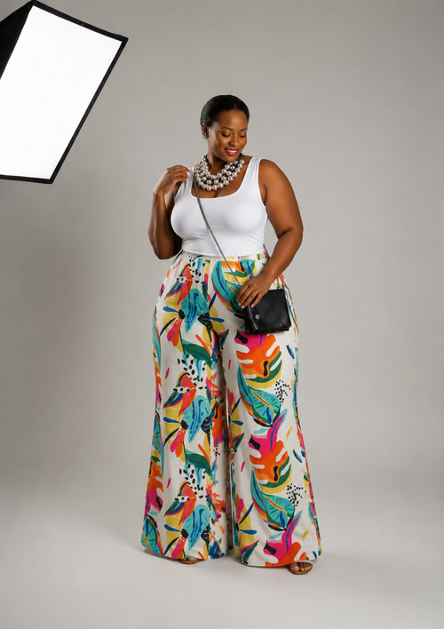 Curvy Tropical Wide Leg Pants