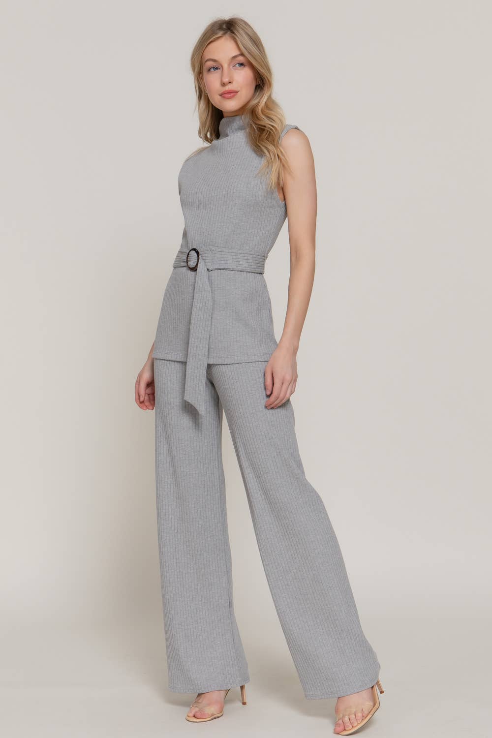 Sleeveless Mock Neck with Waist Belt Rib Knit Top