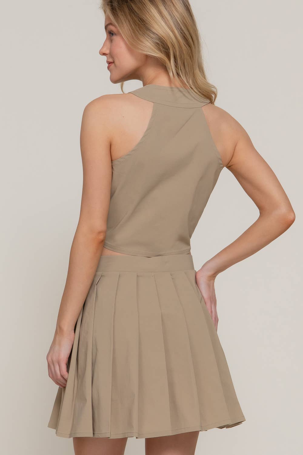 V-Neck Button Down Vest & Pleated Mini Skirt Set