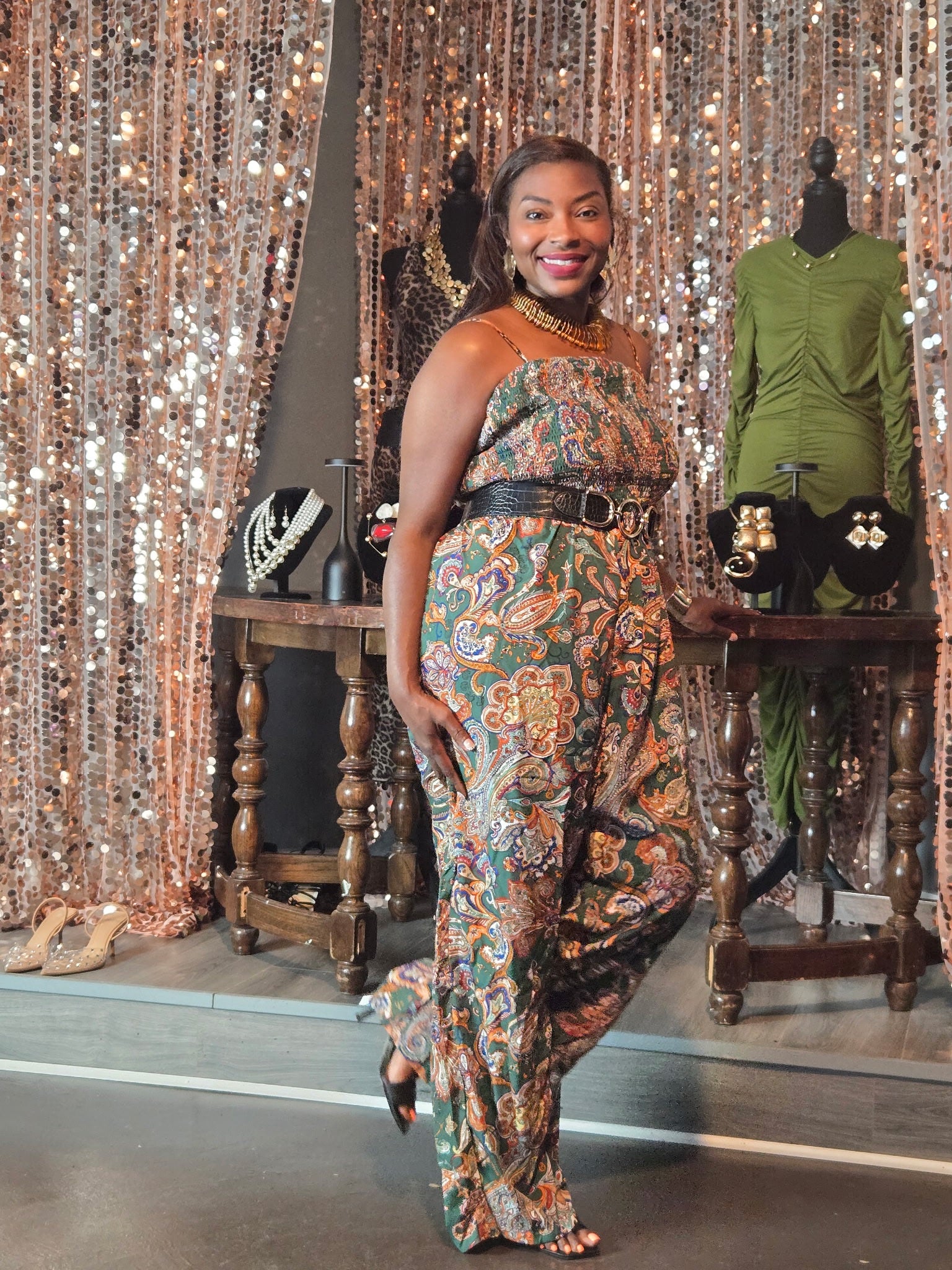 Curvy Pleated Paisley Sleeveless Jumpsuit