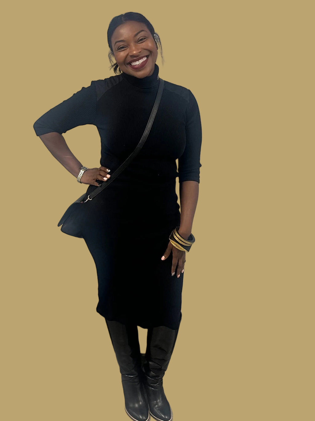 Ribbed Mock Neck Long Sleeve Bodycon Midi Dress