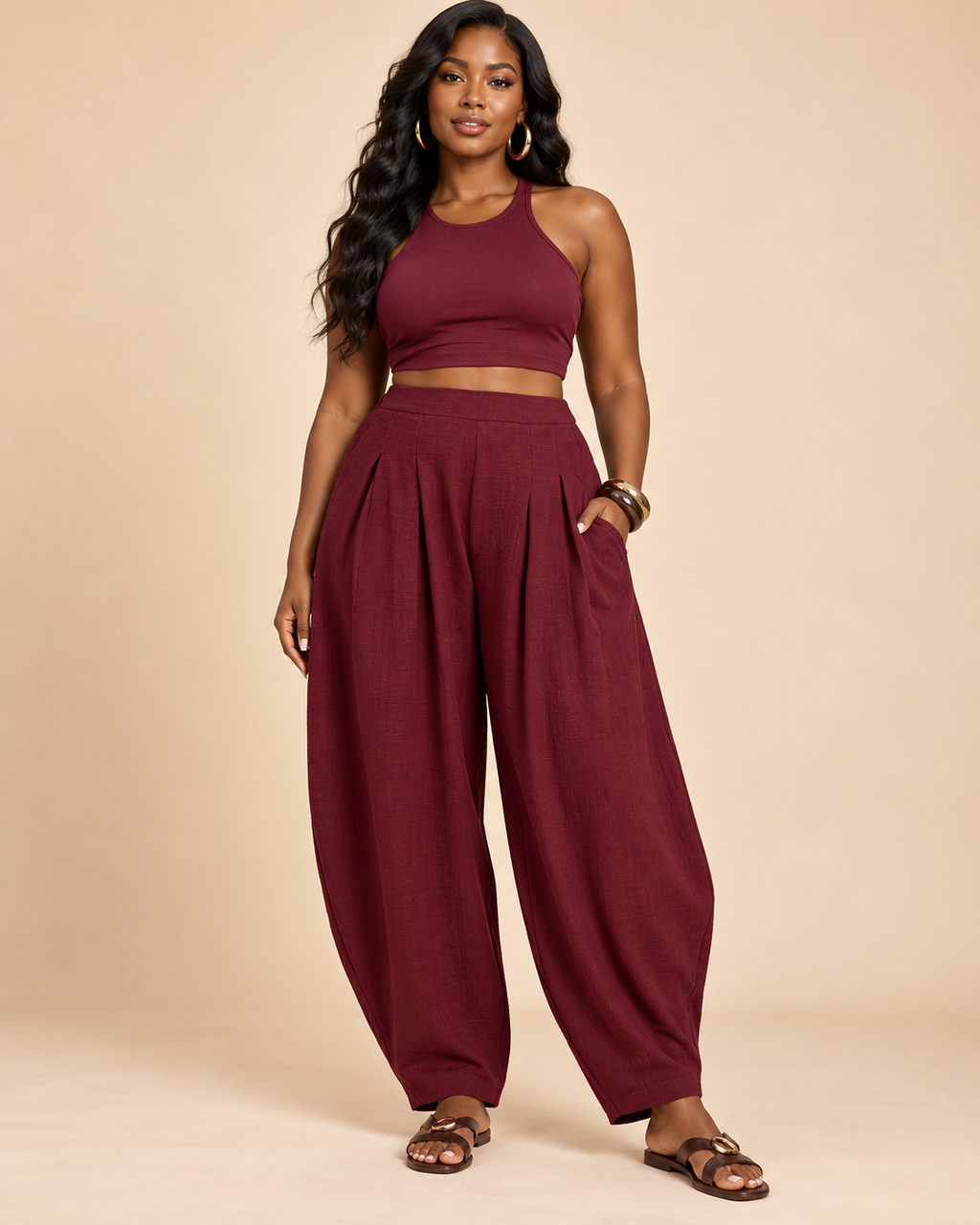 Burgundy Flow Barrel-Leg Pants