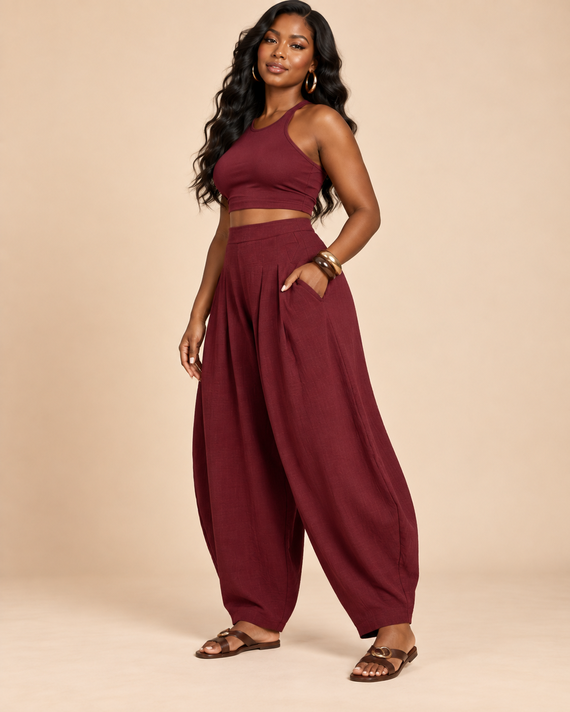 Burgundy Flow Barrel-Leg Pants