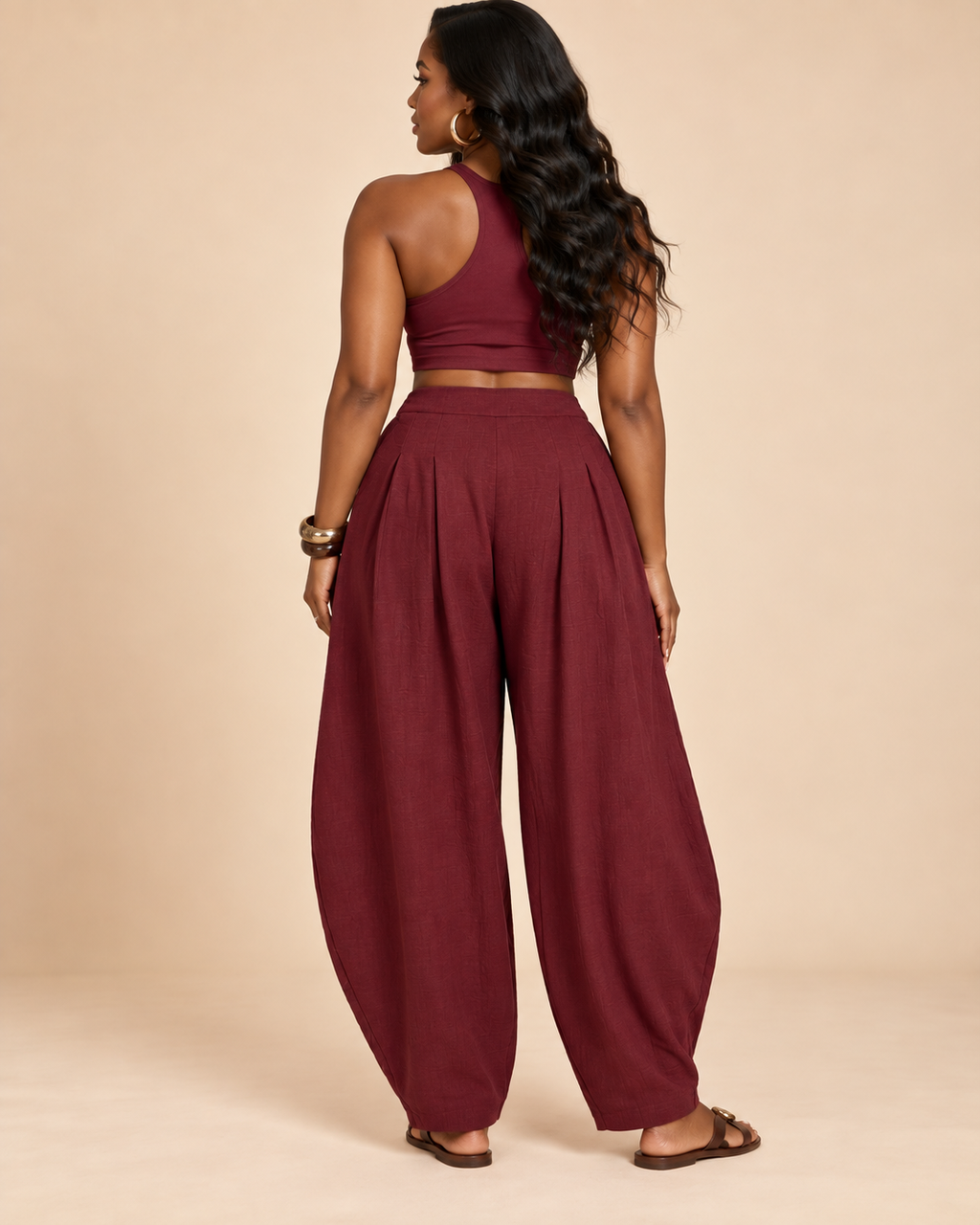 Burgundy Flow Barrel-Leg Pants