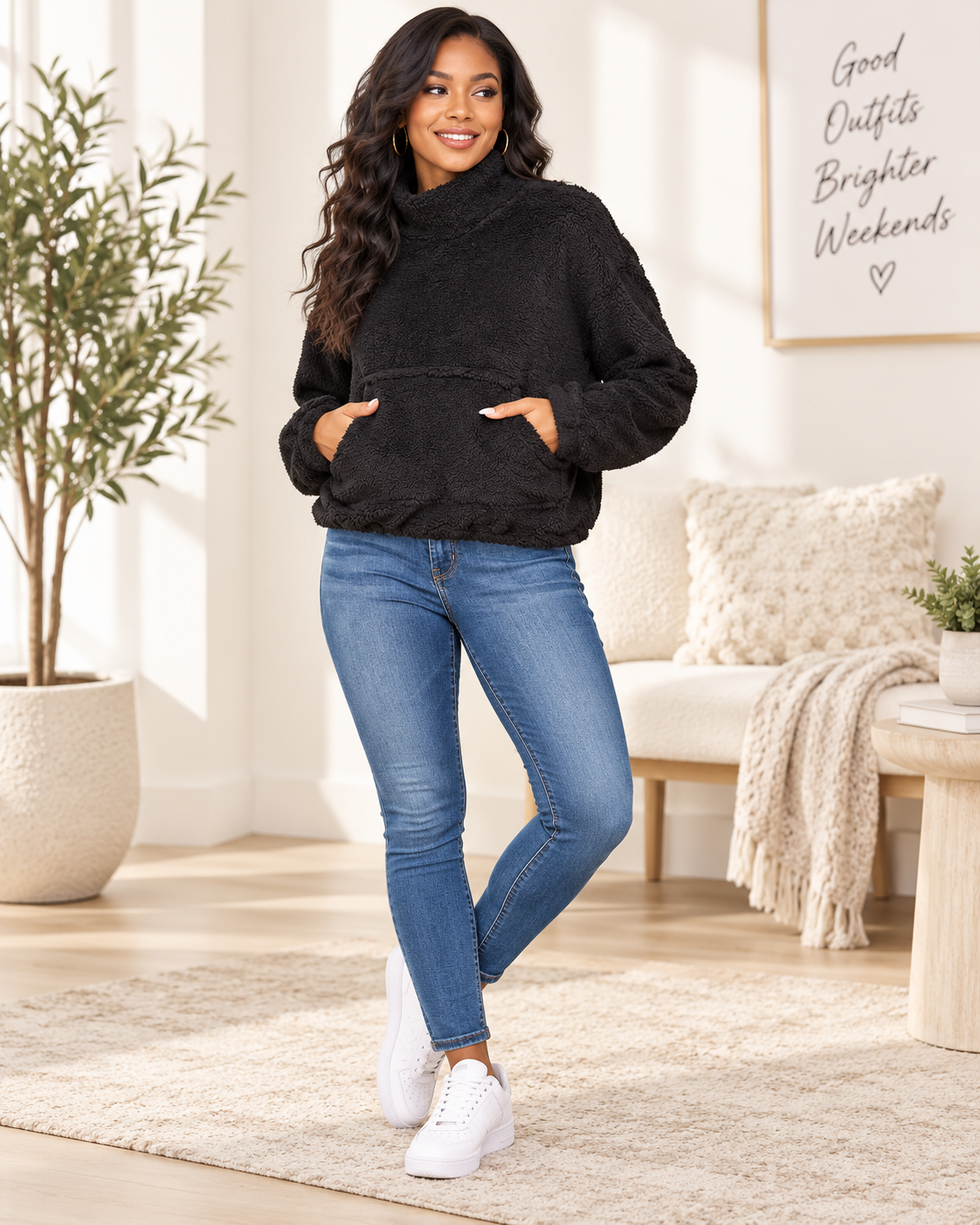 Mock Neck Sherpa Kangaroo Pocket Top