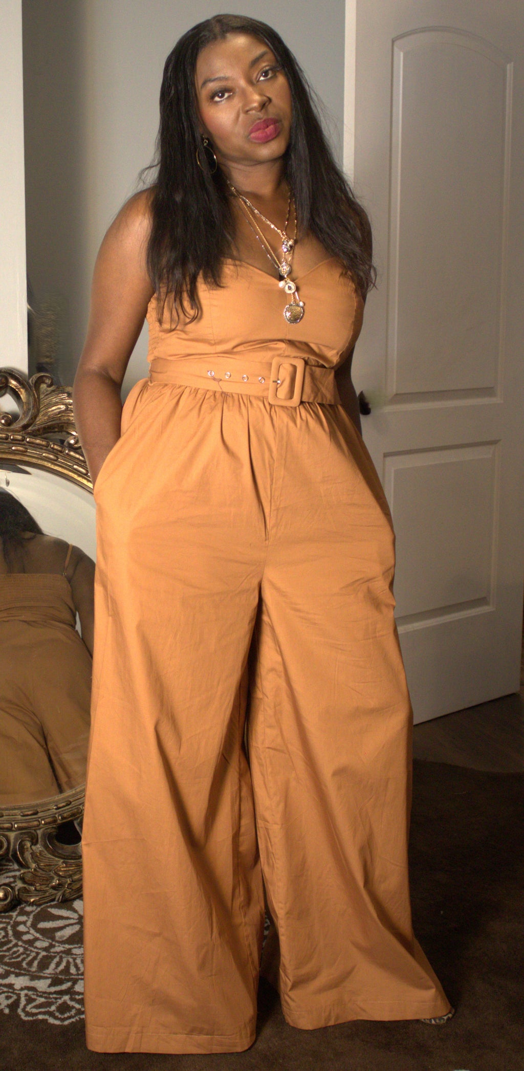 Brown Belted Spaghetti Strap Jumpsuit