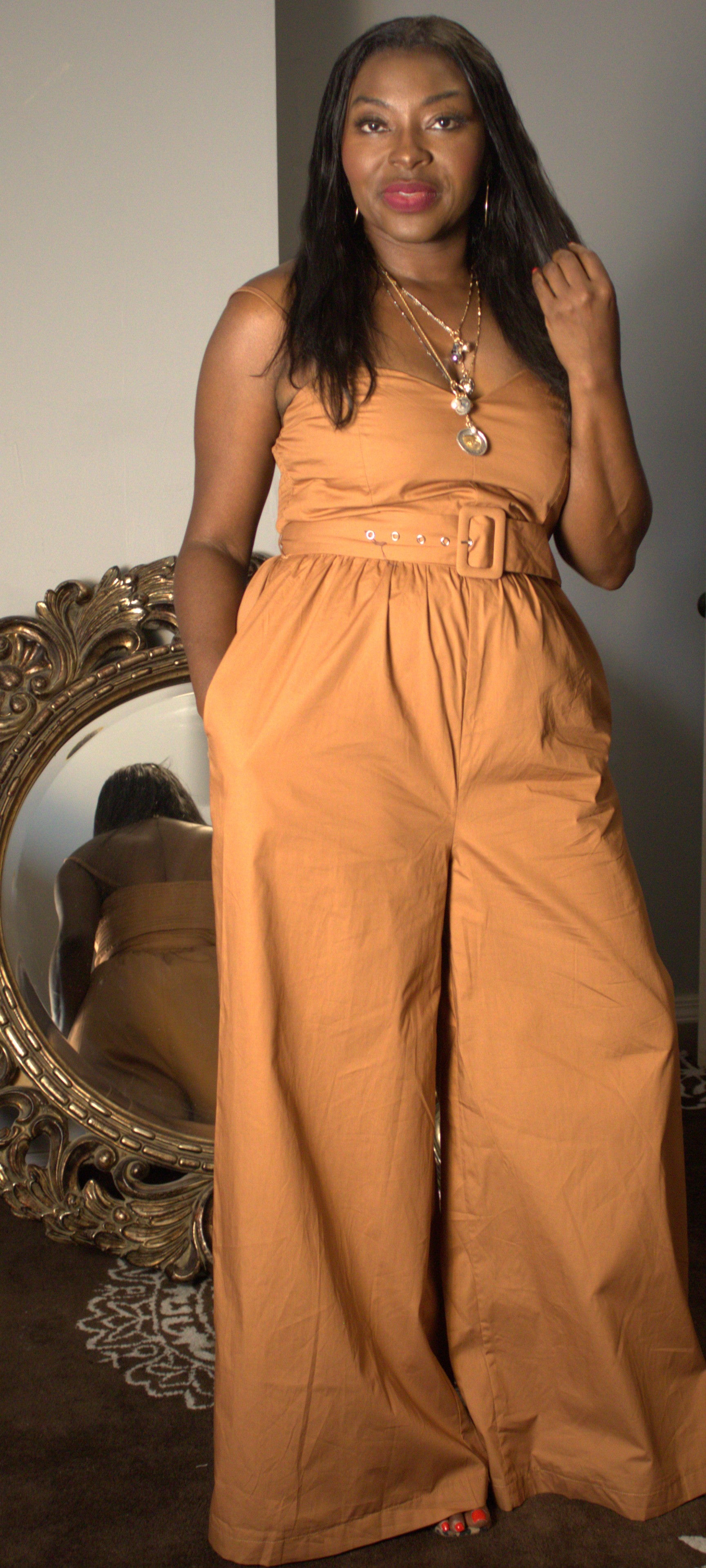 Brown Belted Spaghetti Strap Jumpsuit