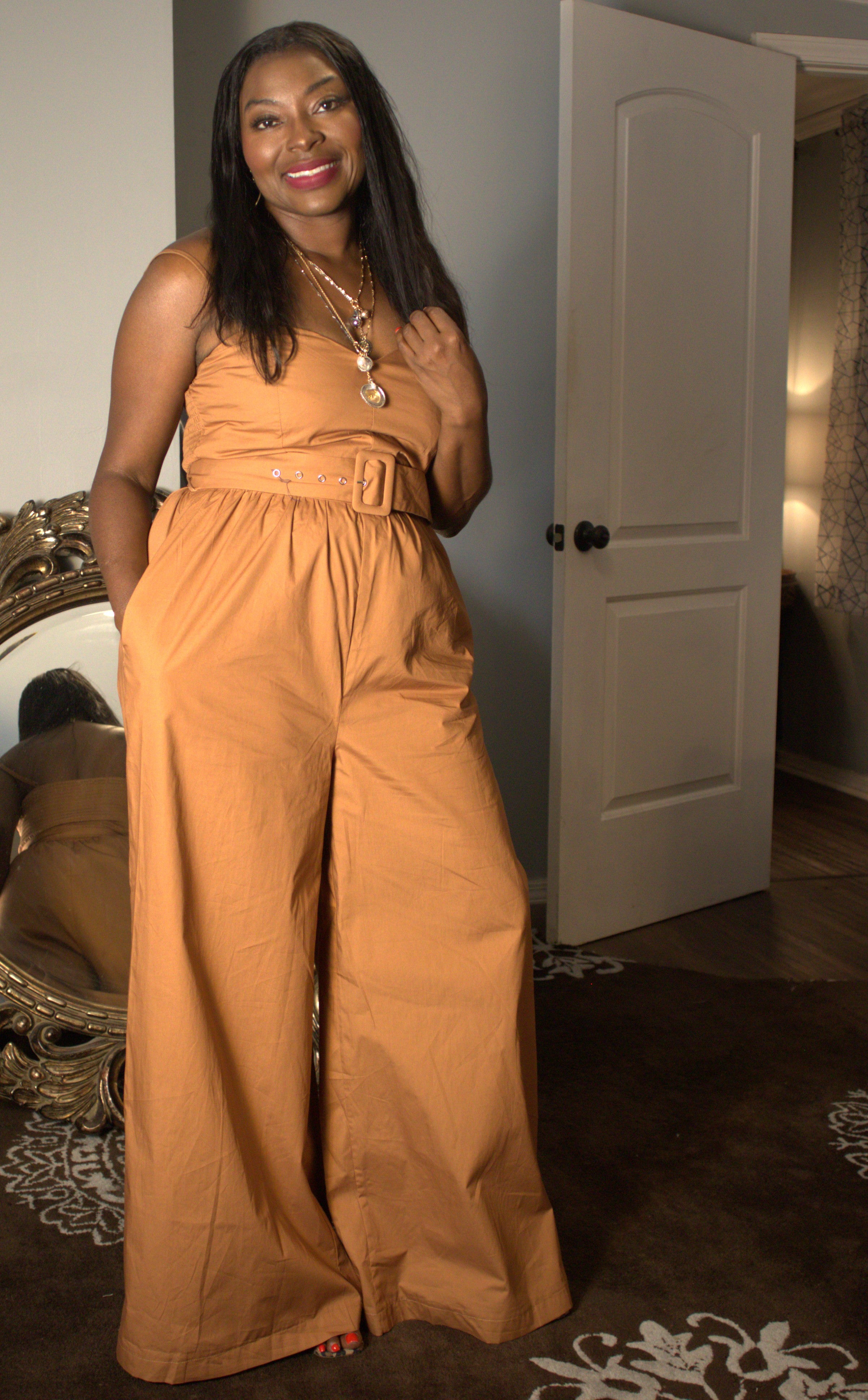 Brown Belted Spaghetti Strap Jumpsuit