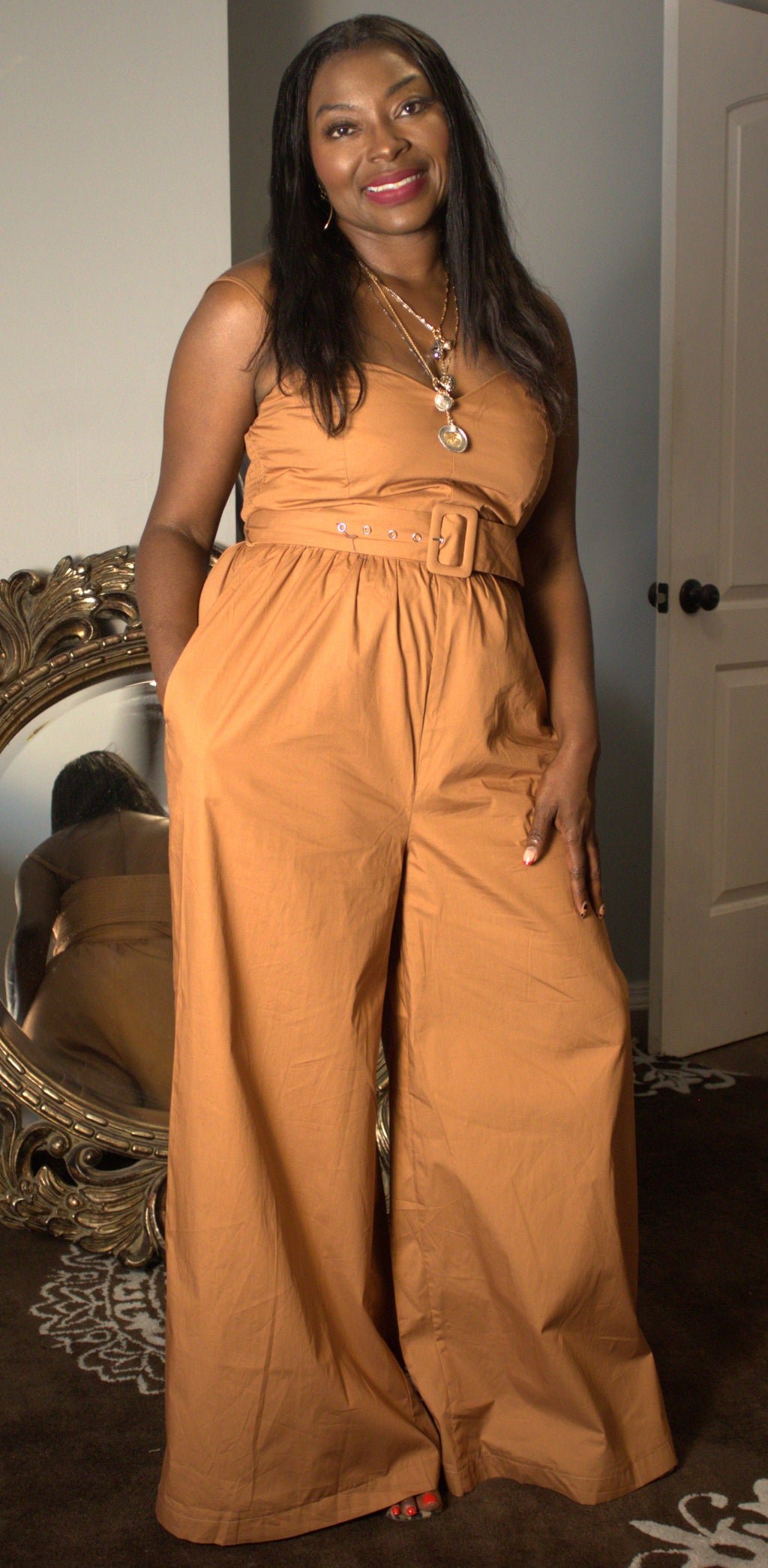 Brown Belted Spaghetti Strap Jumpsuit