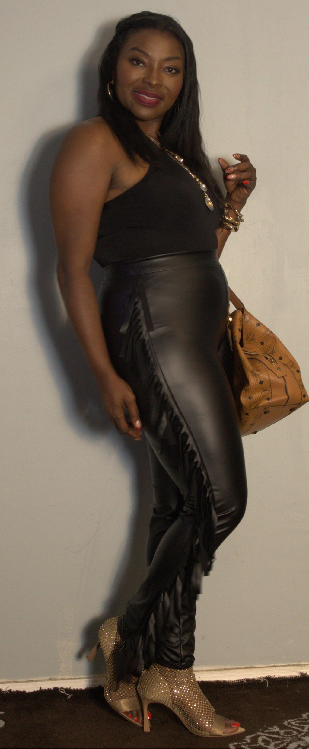 Faux Leather Fringe Side Leggings - Contemporary Body Size